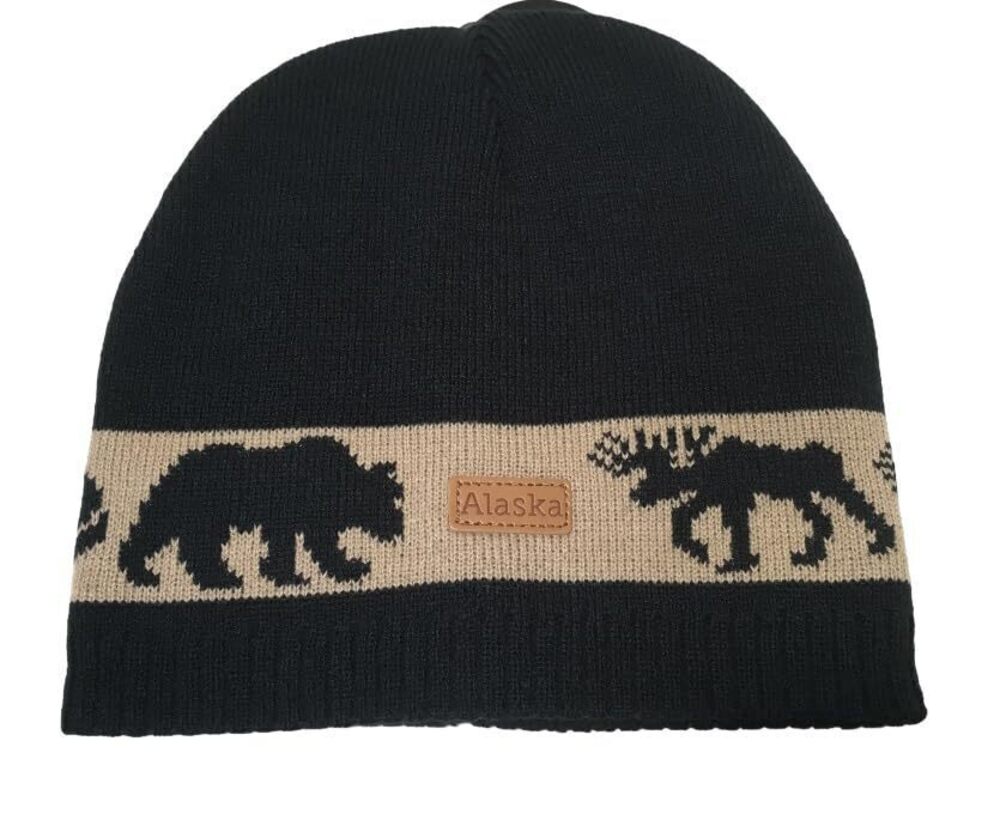 3771 Alaska Beanie Knit Hat Black Tan Animal Wildlife Band Moose Bear
